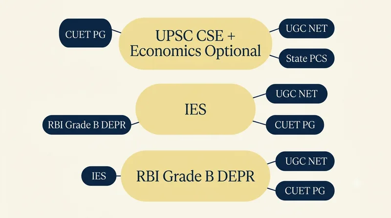 Three exam clusters stacked vertically — each a soft-yellow primary pill (UPSC CSE, IES, RBI DEPR) surrounded by smaller backup-exam pills.