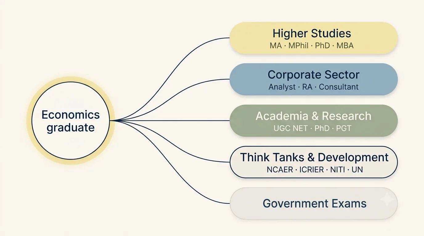 Five paths branching from an Economics graduate figure — higher studies, corporate, academia, and think tanks / development sector — with the government path shown as one of five, in the EcoNiti soft warm palette.