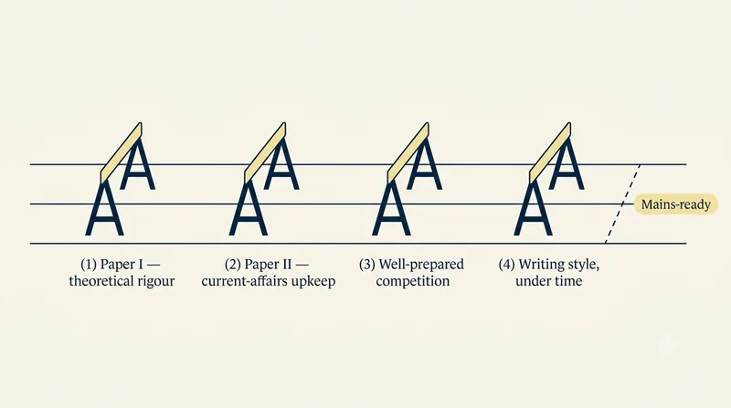 A running track with four evenly spaced hurdles labelled with the four honest concerns — Paper I rigour, Paper II upkeep, well-prepared competition, specific writing style — leading to a Mains-ready finish.