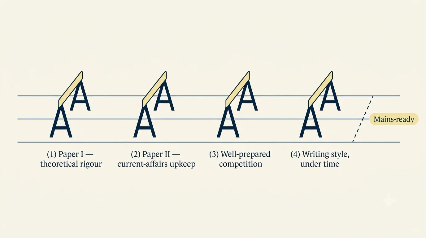 A running track with four evenly spaced hurdles labelled with the four honest concerns — Paper I rigour, Paper II upkeep, well-prepared competition, specific writing style — leading to a Mains-ready finish.
