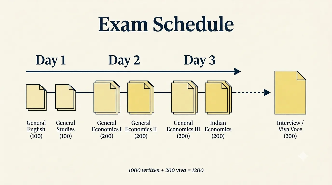 A three-day IES timeline — Day 1 (English, GS), Day 2 (GE I, GE II), Day 3 (GE III, Indian Economics) — followed by Interview / Viva Voce (200), summing to 1000 written + 200 viva = 1200.
