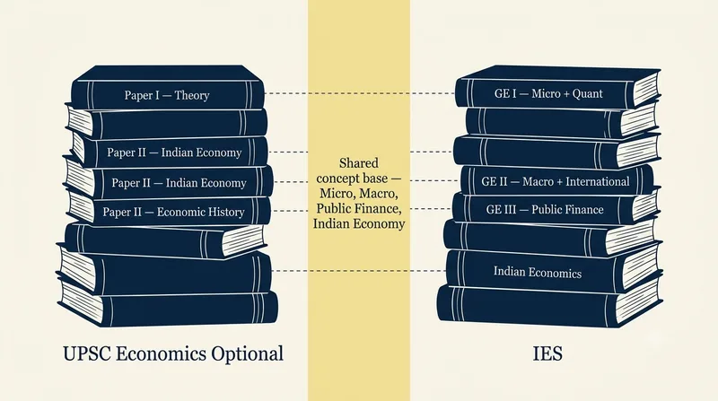 Two book-spine stacks side by side — UPSC Economics Optional papers on the left, IES General Economics papers on the right — with a soft-yellow shared-concept band between them.