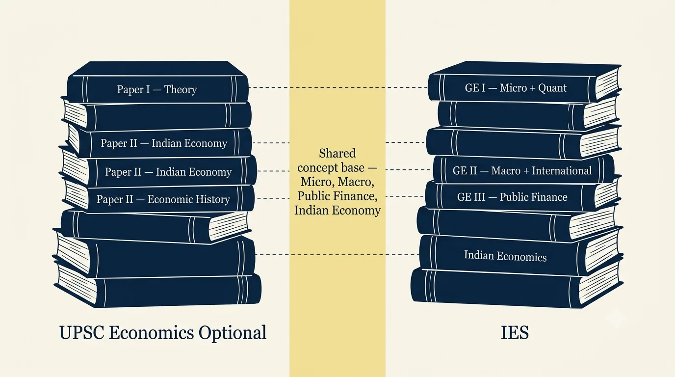 Two book-spine stacks side by side — UPSC Economics Optional papers on the left, IES General Economics papers on the right — with a soft-yellow shared-concept band between them.