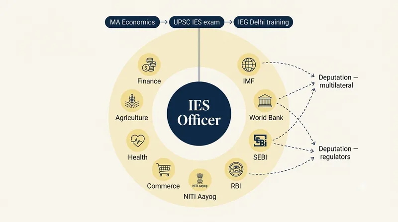 IES career map: MA Economics → UPSC IES exam → training at the Institute of Economic Growth → posting across Union ministries, with deputation arrows to World Bank, IMF and RBI.