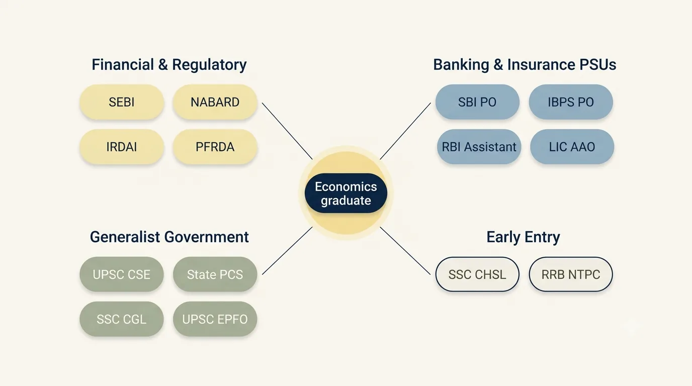 Four labelled clusters of non-specialist government exams — financial regulators, banking and insurance PSUs, generalist services, and early-entry exams — arranged around a central Economics graduate node.