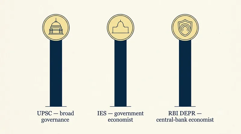 Three pillars representing UPSC CSE, Indian Economic Service and RBI Grade B DEPR side by side.
