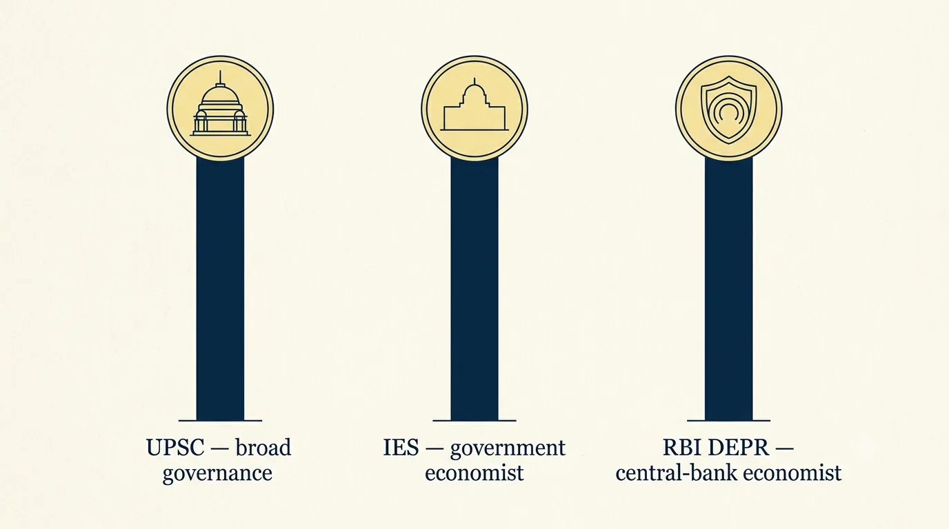 Three pillars representing UPSC CSE, Indian Economic Service and RBI Grade B DEPR side by side.